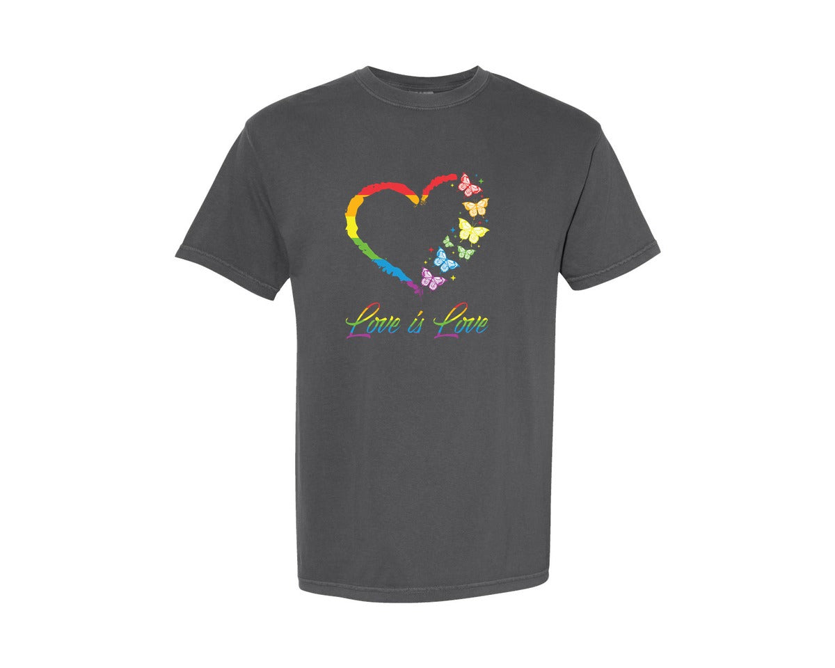 brand:Comfort Colors|color:Pepper|Butterfly Heart Rainbow Love Is Love Graphic T-Shirt