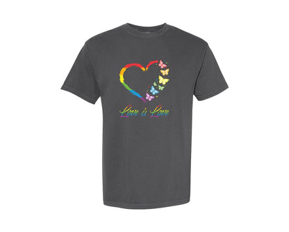 brand:Comfort Colors|color:Pepper|Butterfly Heart Rainbow Love Is Love Graphic T-Shirt