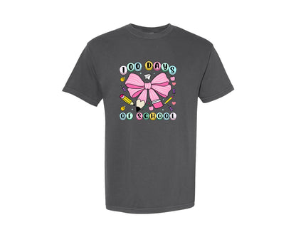 brand:Comfort Colors|color:Pepper|100 Days Of School Coquette Teacher Graphic T-Shirt