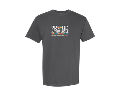 brand:Comfort Colors|color:Pepper|Proud Autism Uncle Puzzle Heart Graphic T-Shirt