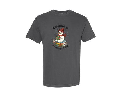 brand:Comfort Colors|color:Pepper|Cute Snowman Reading Books Winter Graphic T-Shirt