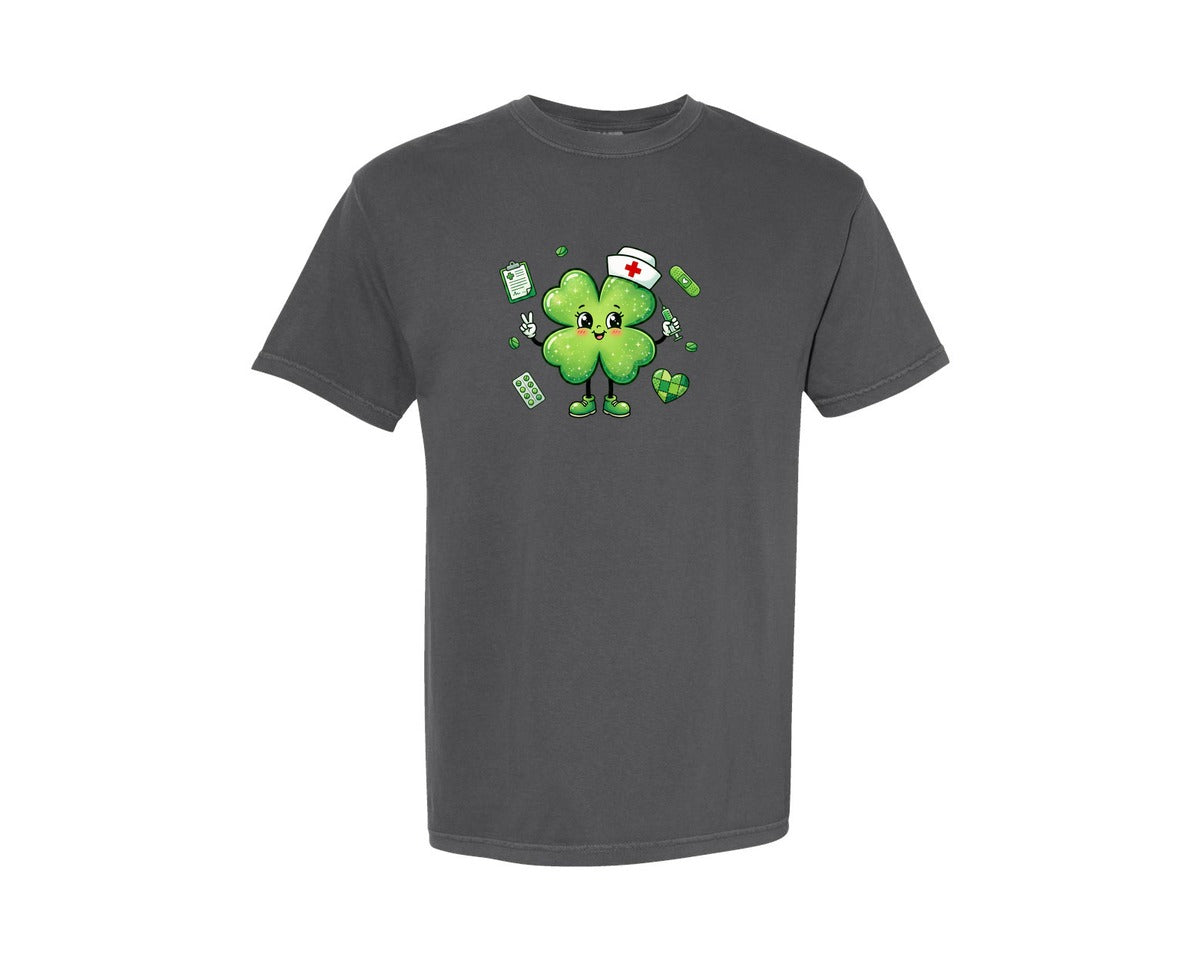 brand:Comfort Colors|color:Pepper|Cute Nurse Shamrock St Patricks Graphic T-Shirt