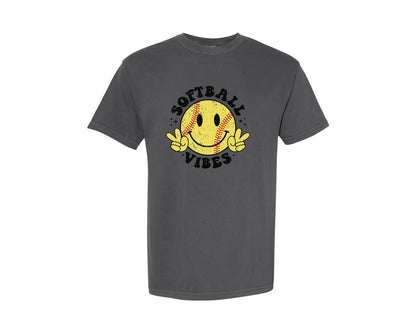 brand:Comfort Colors|color:Pepper|Softball Vibes Retro Happy Smiley Face Graphic T-Shirt