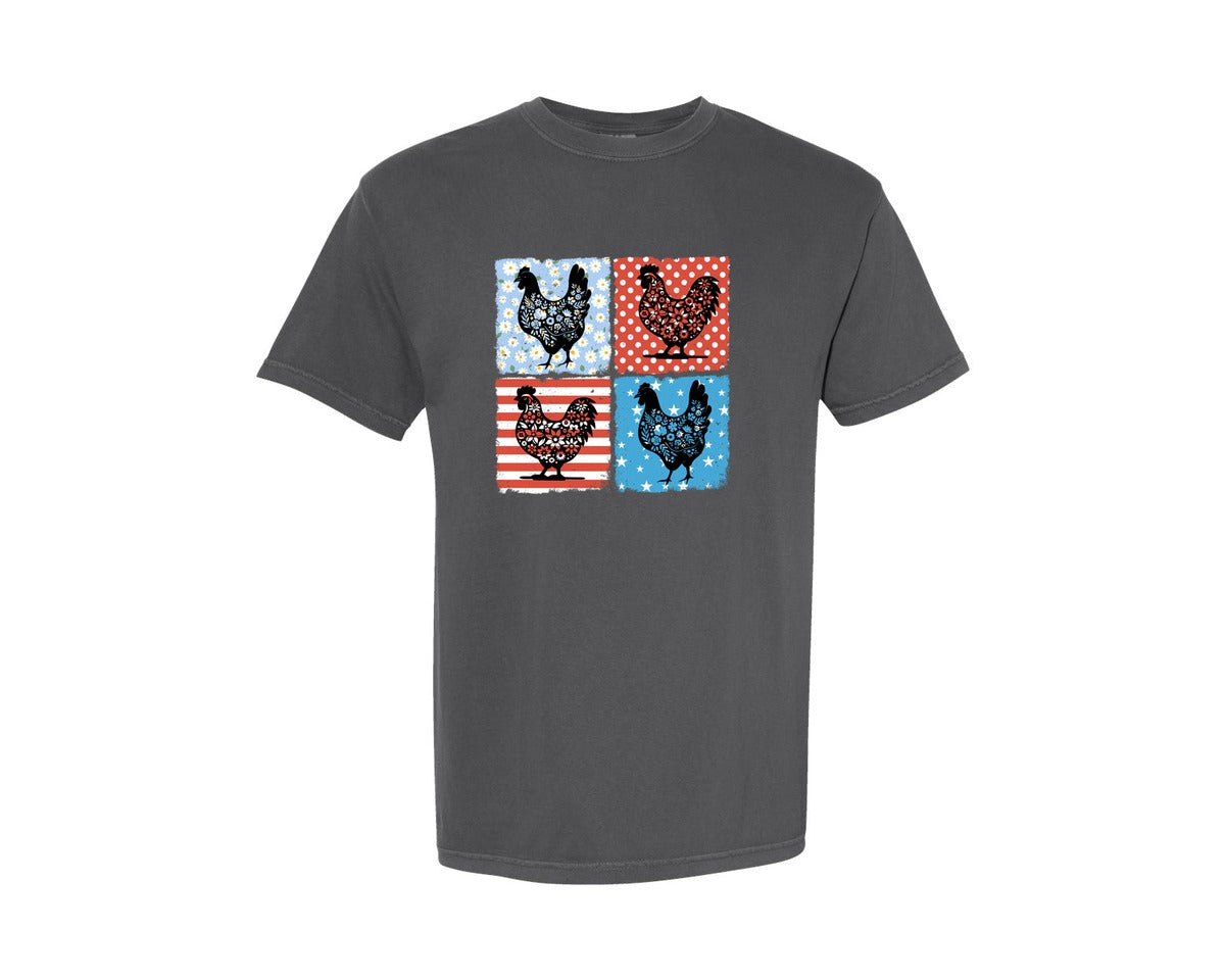 brand:Comfort Colors|color:Pepper|Happy 4Th Of July Farm Chicken Graphic T-Shirt
