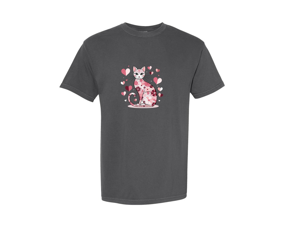 brand:Comfort Colors|color:Pepper|Floral Cat Design With Heart Accents Graphic T-Shirt