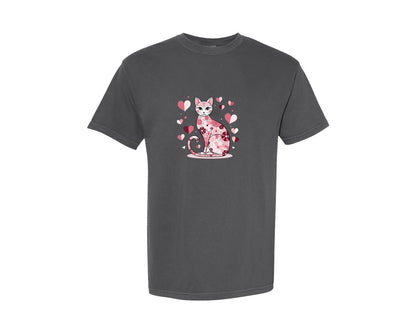 brand:Comfort Colors|color:Pepper|Floral Cat Design With Heart Accents Graphic T-Shirt