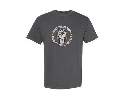 brand:Comfort Colors|color:Pepper|Peace Begins Foster Harmony And Justice Graphic T-Shirt