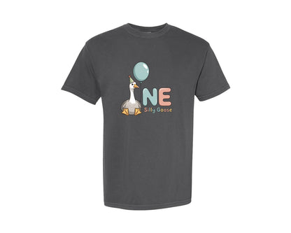 brand:Comfort Colors|color:Pepper|One Silly Goose Birthday Boy And Girl Graphic T-Shirt