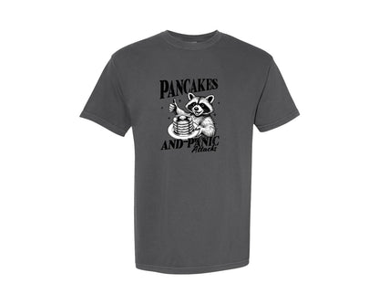 brand:Comfort Colors|color:Pepper|Mental Health Raccoon Pancakes And Panic Graphic T-Shirt