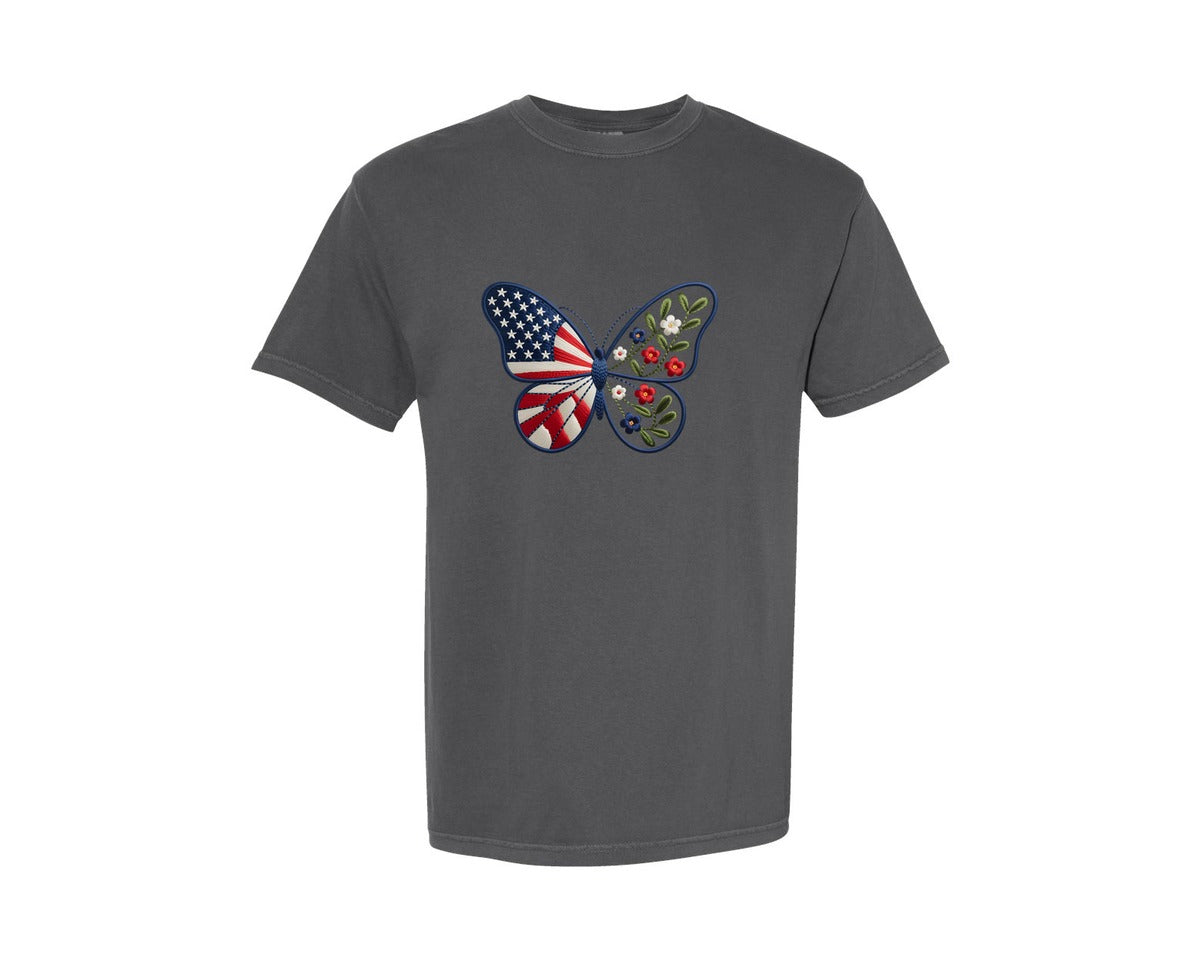 brand:Comfort Colors|color:Pepper|American Flag Butterfly 2 Graphic T-Shirt