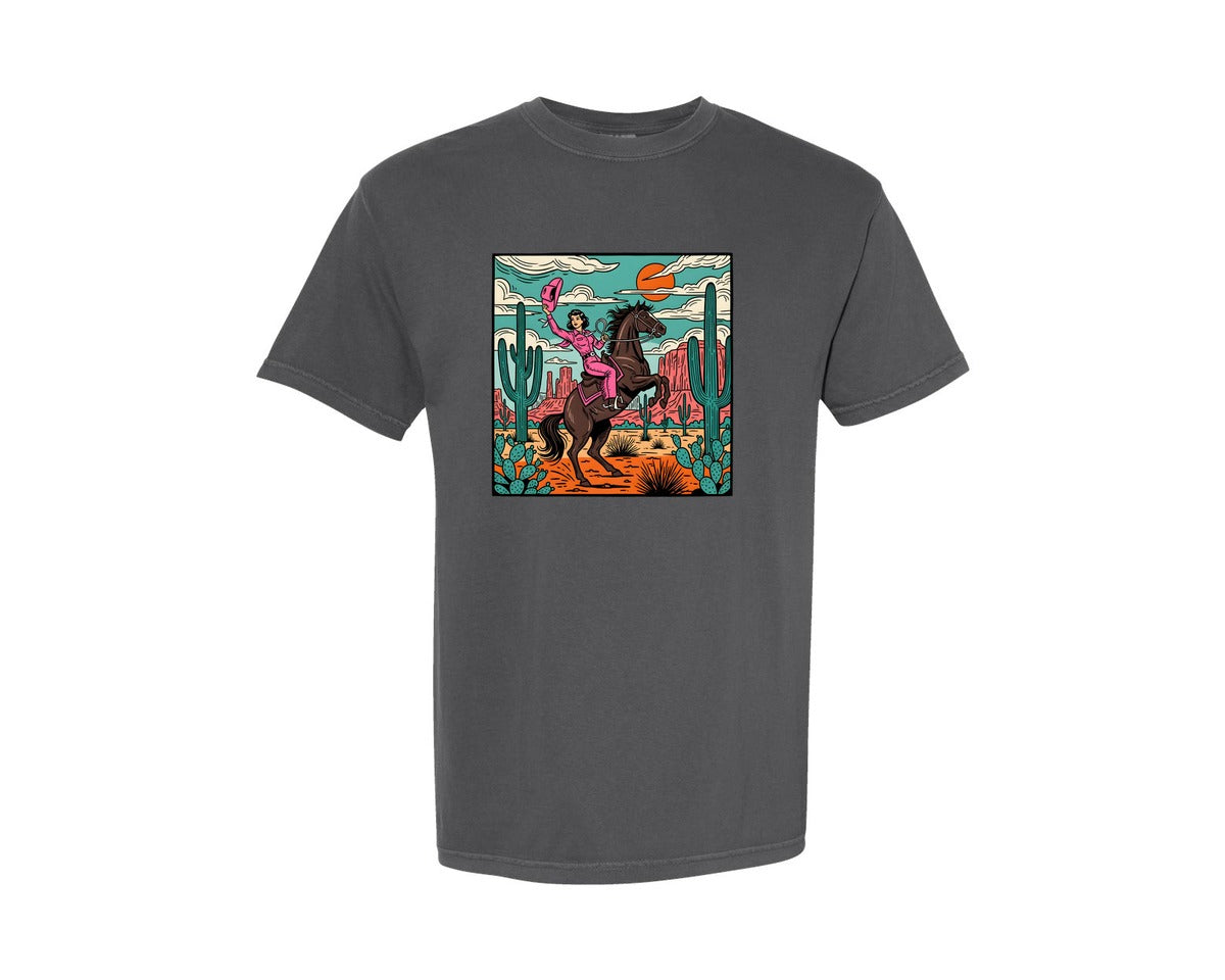 brand:Comfort Colors|color:Pepper|Desert Cowgirl Riding Horse Western Graphic T-Shirt