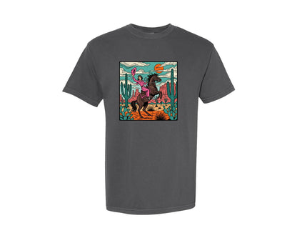 brand:Comfort Colors|color:Pepper|Desert Cowgirl Riding Horse Western Graphic T-Shirt