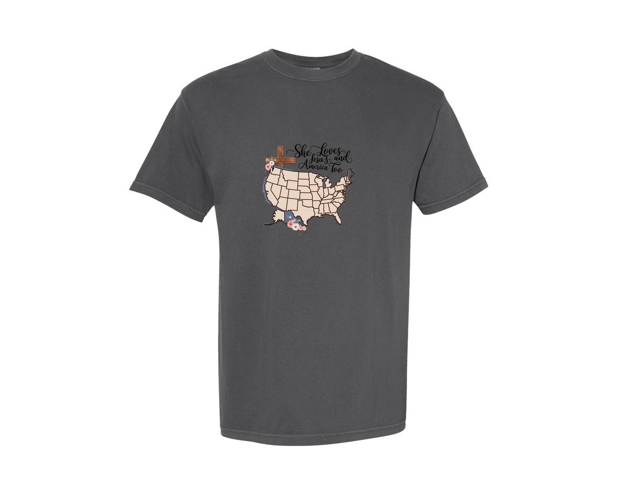 brand:Comfort Colors|color:Pepper|She Loves Jesus And America Too Christ Graphic T-Shirt