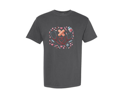 brand:Comfort Colors|color:Pepper|Cute Nurse Doctor Love Medical Elements Graphic T-Shirt