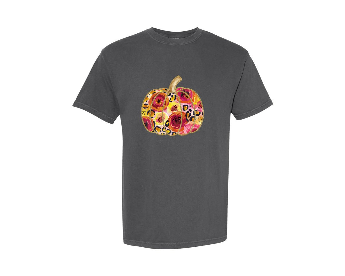 brand:Comfort Colors|color:Pepper|Floral Fall Leopard Pumpkin Graphic T-Shirt