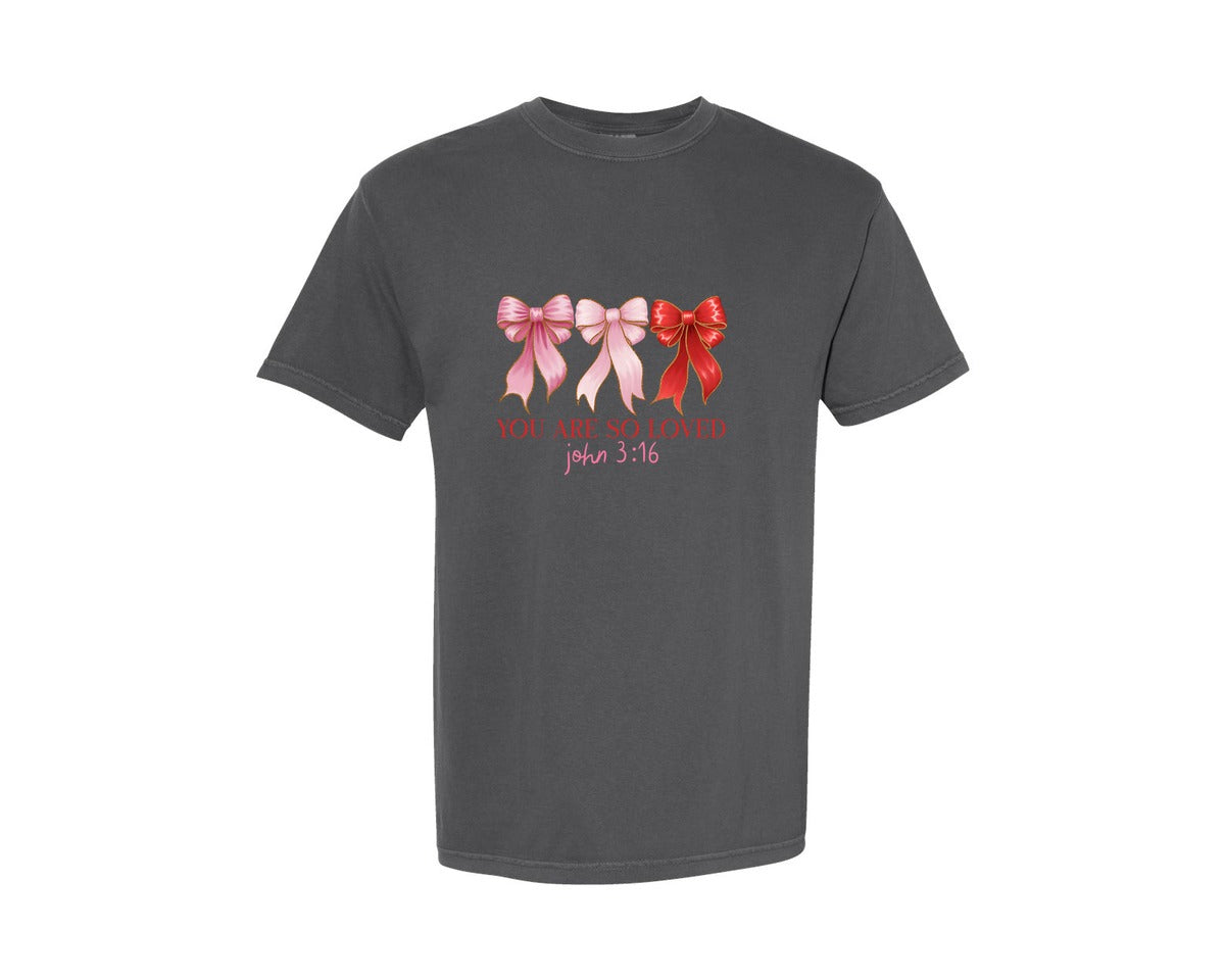 brand:Comfort Colors|color:Pepper|You Are So Loved Pink Bow Christian Graphic T-Shirt
