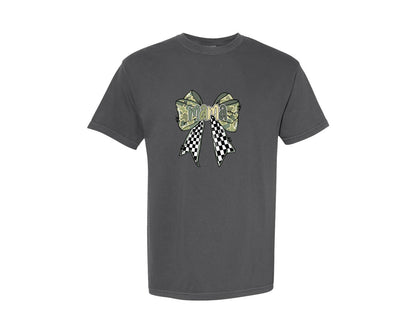 brand:Comfort Colors|color:Pepper|Camo Mama Coquette Bow Graphic T-Shirt
