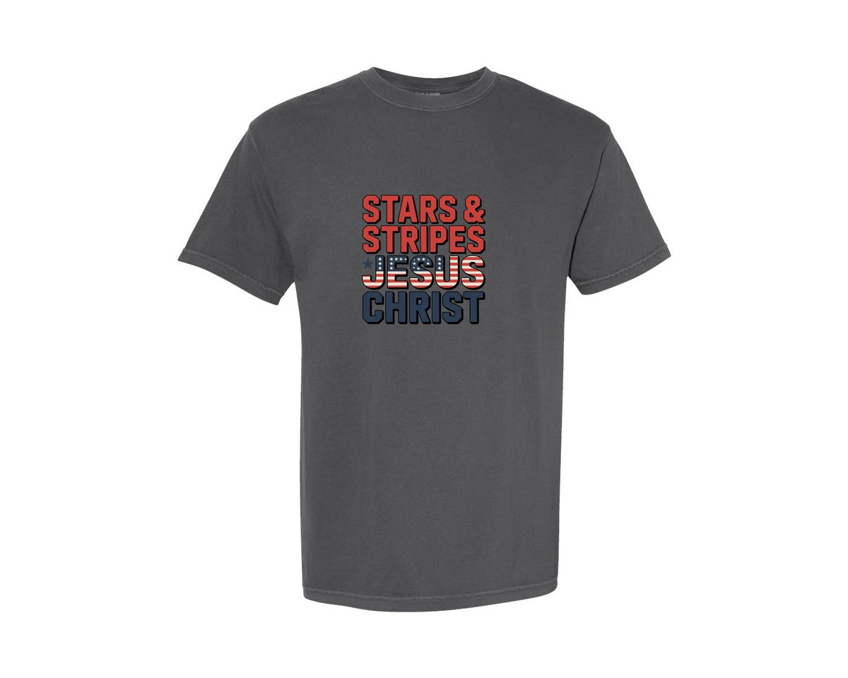 brand:Comfort Colors|color:Pepper|Stars Stripes Jesus Christ Bold And Graphic T-Shirt