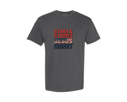 brand:Comfort Colors|color:Pepper|Stars Stripes Jesus Christ Bold And Graphic T-Shirt