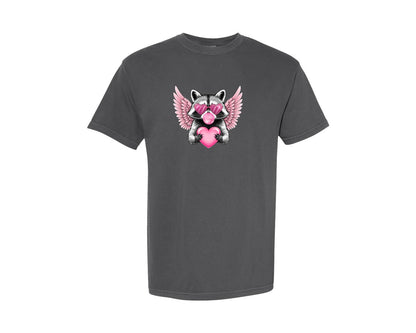 brand:Comfort Colors|color:Pepper|Cute Winged Raccoon Valentine Graphic T-Shirt