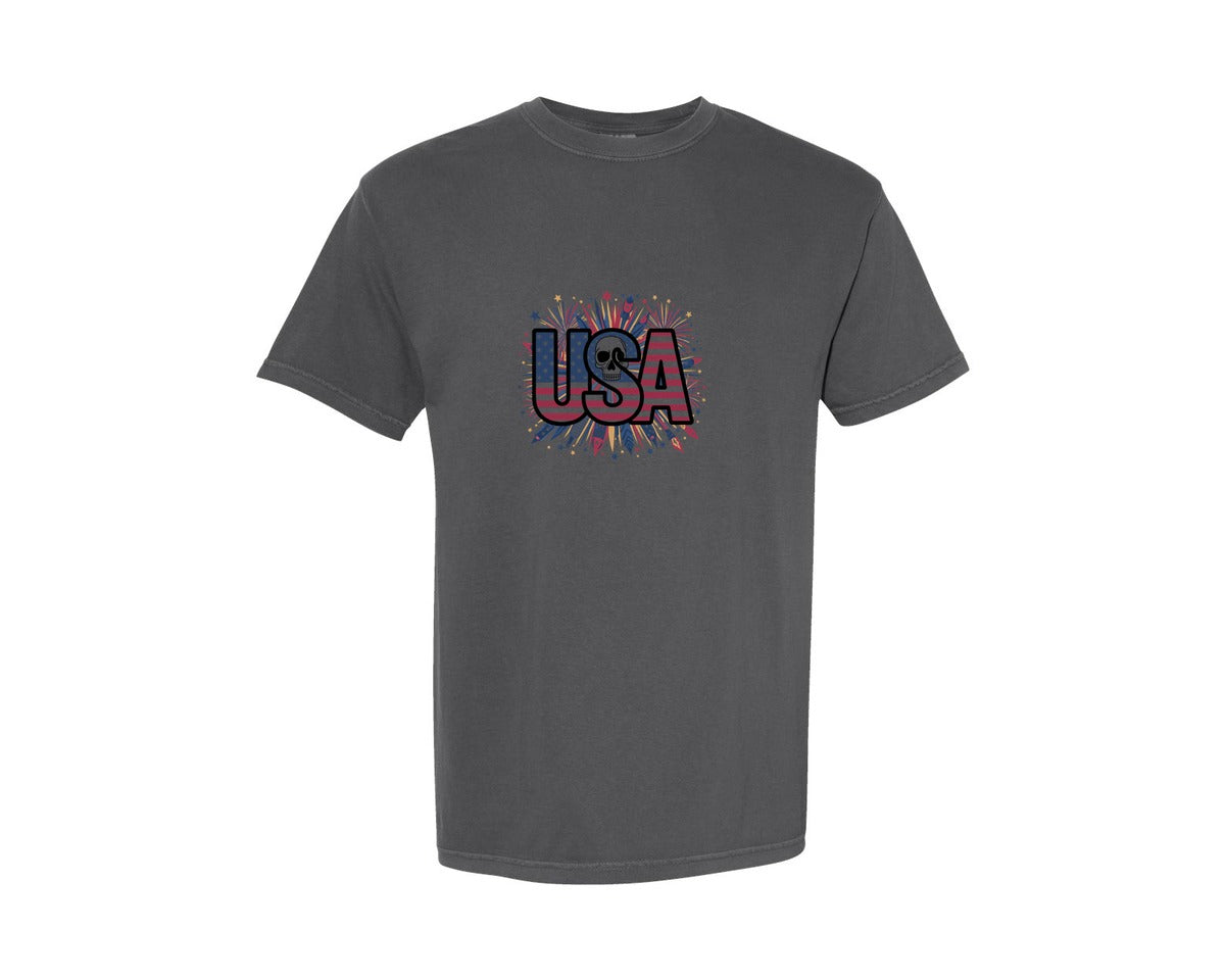 brand:Comfort Colors|color:Pepper|Usa Skull Fireworks 4Th Of July T Shirt 2 Graphic T-Shirt