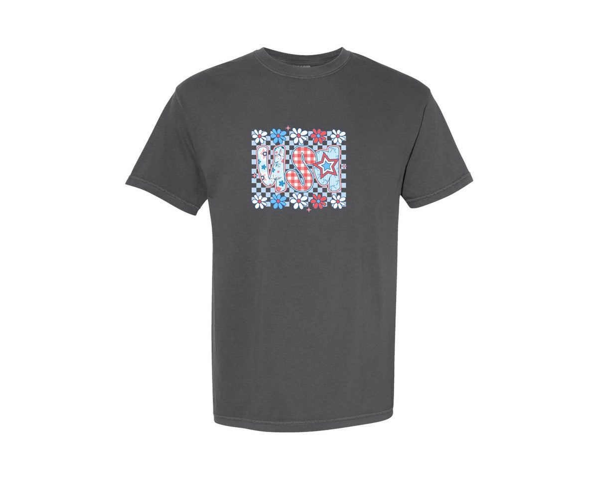 brand:Comfort Colors|color:Pepper|Preppy Usa Checkered 4Th Of July Graphic T-Shirt