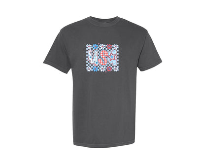 brand:Comfort Colors|color:Pepper|Preppy Usa Checkered 4Th Of July Graphic T-Shirt