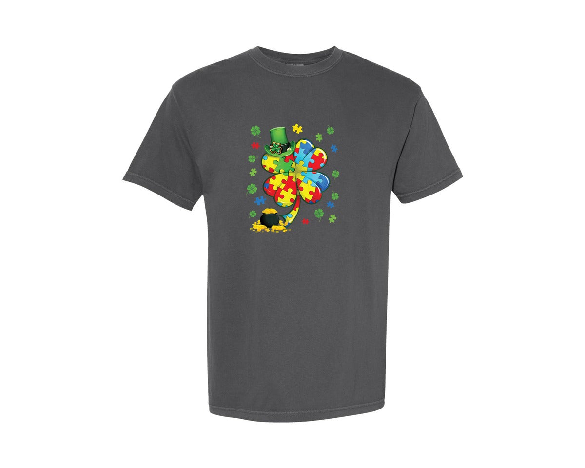 brand:Comfort Colors|color:Pepper|Autism Clover Leprechaun Graphic T-Shirt