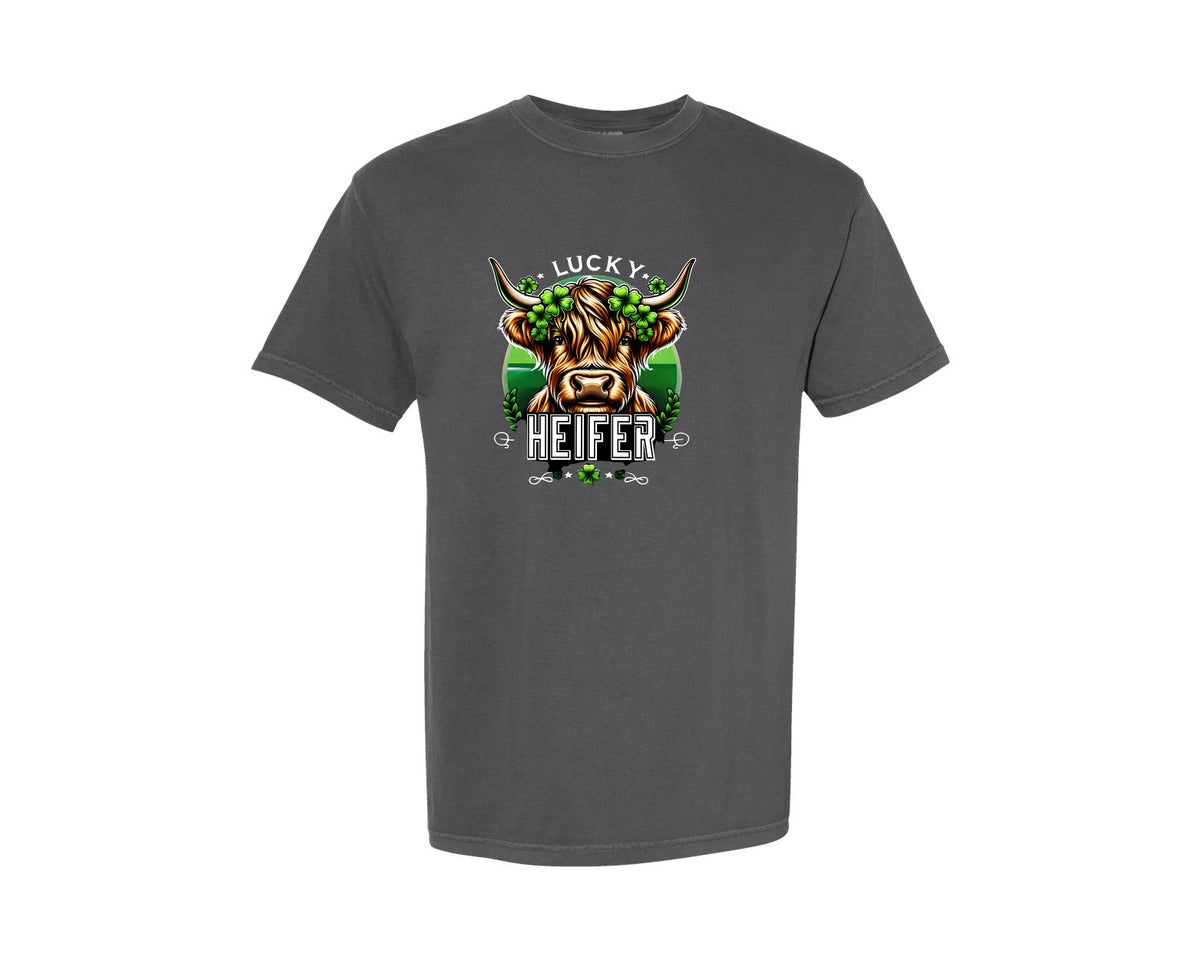 brand:Comfort Colors|color:Pepper|Cow St Patricks Day Lucky Heifer Graphic T-Shirt