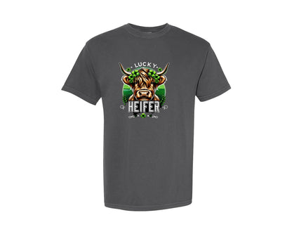 brand:Comfort Colors|color:Pepper|Cow St Patricks Day Lucky Heifer Graphic T-Shirt