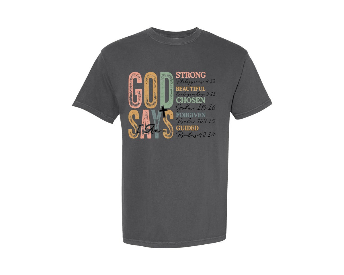 brand:Comfort Colors|color:Pepper|God Says I Am Sleeve Print Sweatshirt Graphic T-Shirt