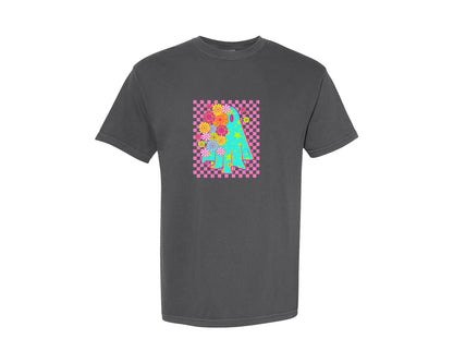 brand:Comfort Colors|color:Pepper|Floral Ghost Checkered Halloween Graphic T-Shirt