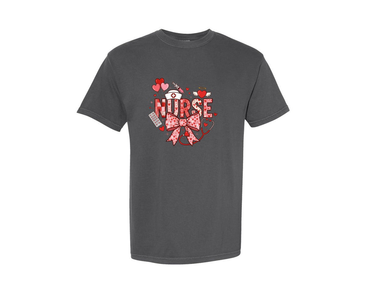 brand:Comfort Colors|color:Pepper|Valentine Nurse Coquette Bow 2 Graphic T-Shirt