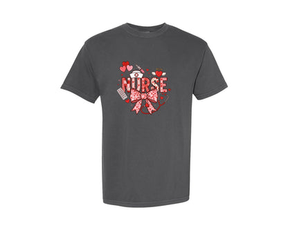 brand:Comfort Colors|color:Pepper|Valentine Nurse Coquette Bow 2 Graphic T-Shirt