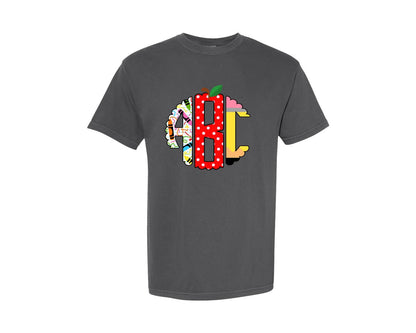 brand:Comfort Colors|color:Pepper|Back To School Handdraw Circle Monogram Graphic T-Shirt