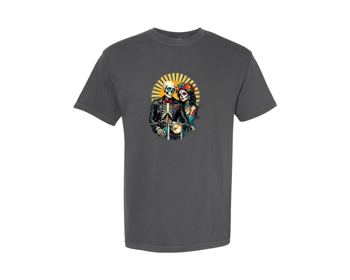 brand:Comfort Colors|color:Pepper|Day Of The Dead Skeleton Couple Bikers Graphic T-Shirt