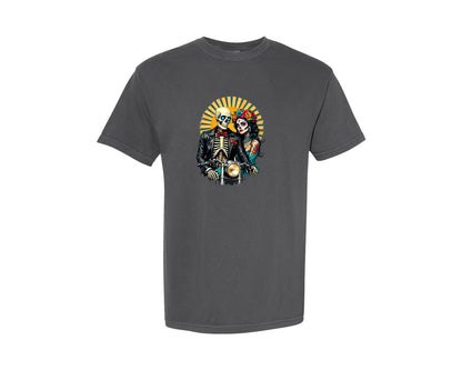brand:Comfort Colors|color:Pepper|Day Of The Dead Skeleton Couple Bikers Graphic T-Shirt