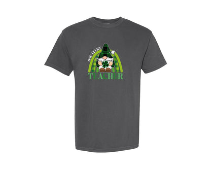 brand:Comfort Colors|color:Pepper|St Patricks Day Gnome Teacher Graphic T-Shirt