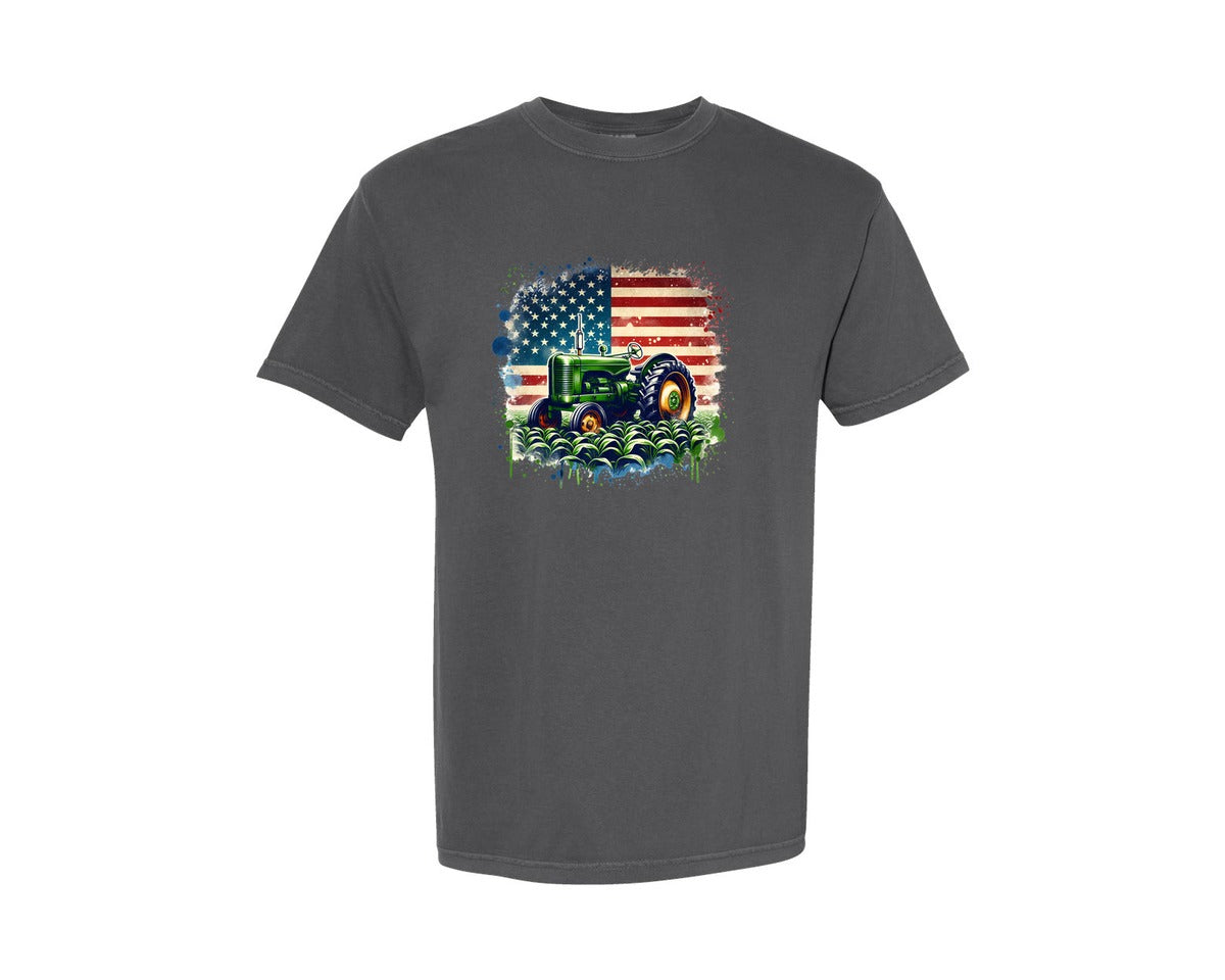 brand:Comfort Colors|color:Pepper|Green Tractor Farm American Flag Graphic T-Shirt