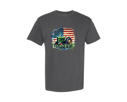 brand:Comfort Colors|color:Pepper|Green Tractor Farm American Flag Graphic T-Shirt