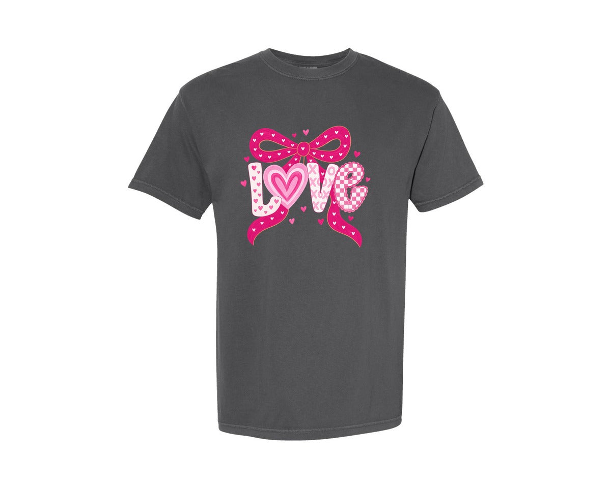 brand:Comfort Colors|color:Pepper|Coquette Heart Bow Preppy Valentine 3 Graphic T-Shirt