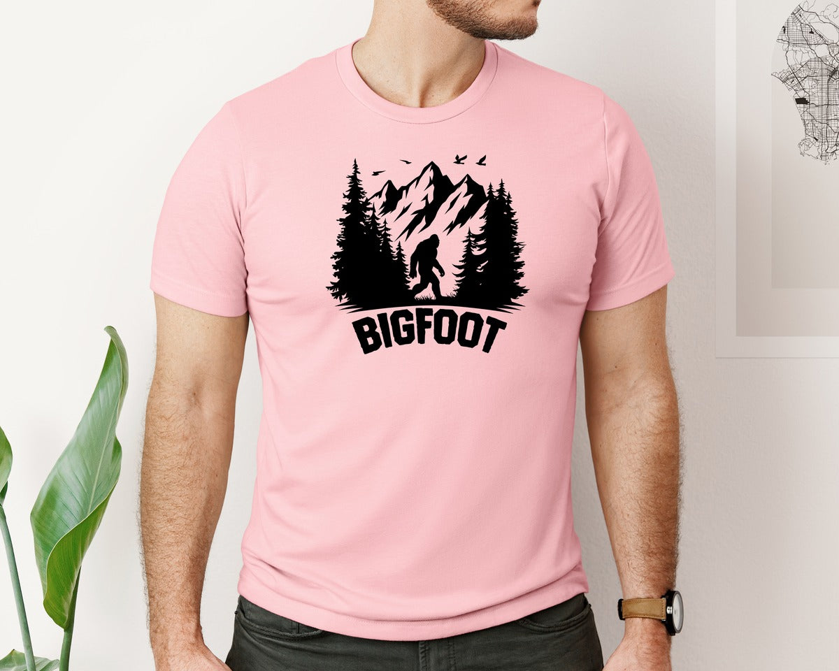 brand:Bella Canvas|color:Pink|Retro Bigfoot Silhouette Pixel Art Graphic T-Shirt