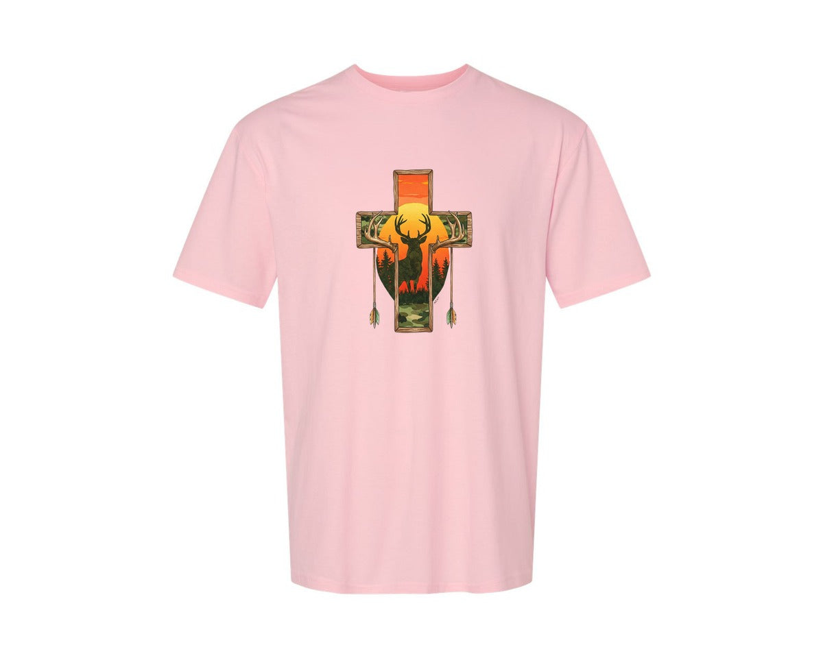 brand:Generic|color:Pink|Deer Cross Rustic Hunting Cross Sub Graphic T-Shirt