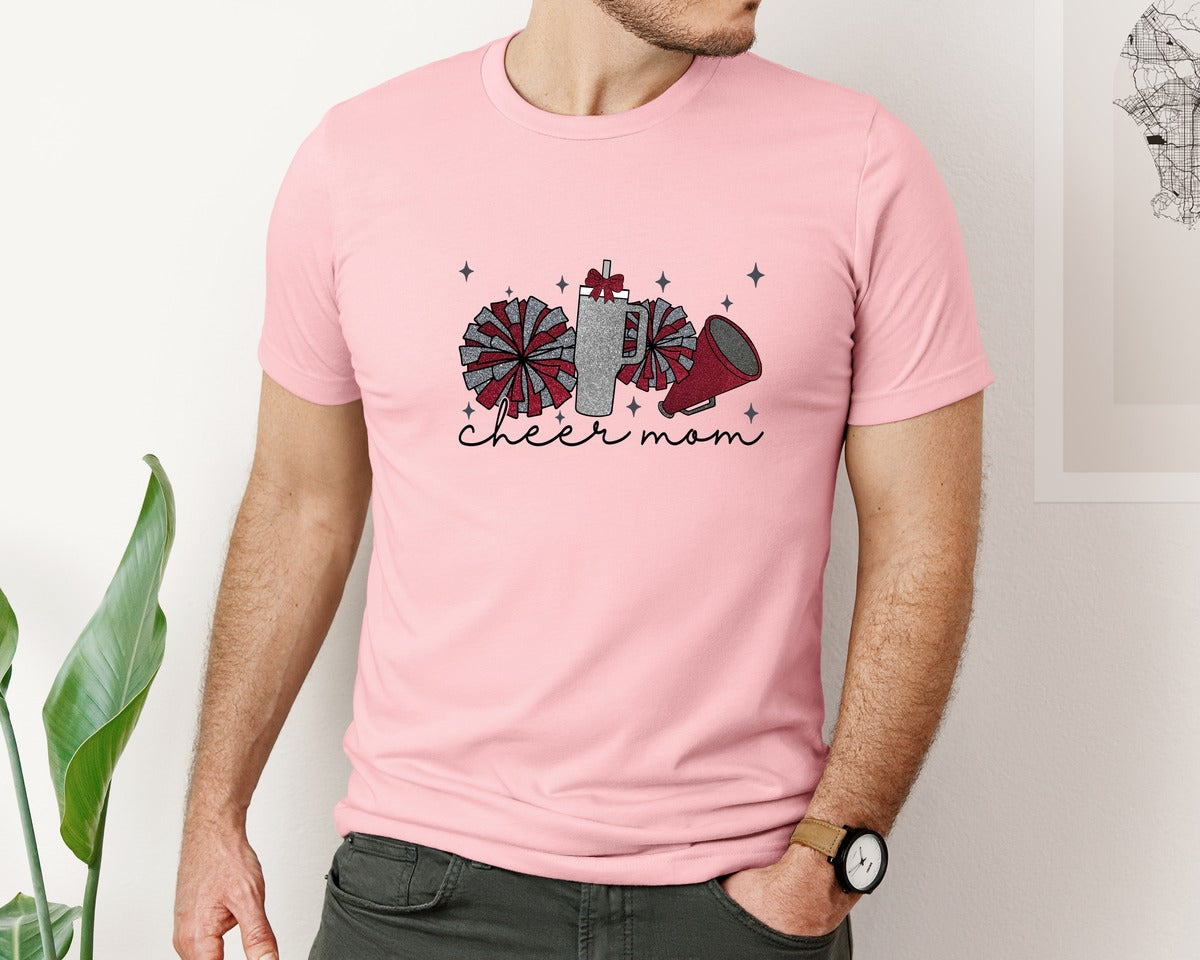 brand:Bella Canvas|color:Pink|Cheer Mom Glitter Cheerleading Graphic T-Shirt