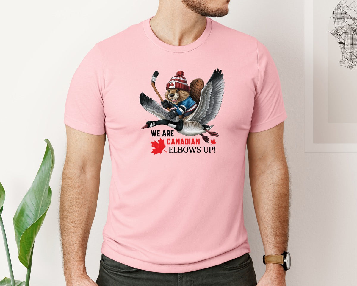 brand:Bella Canvas|color:Pink|We Are Canada Elbows Up 2 Graphic T-Shirt