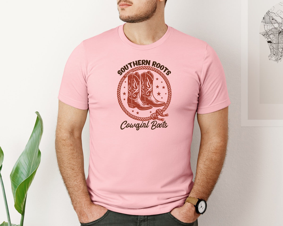 brand:Bella Canvas|color:Pink|Southern Roots Cowgirl Boots Cowgir Graphic T-Shirt