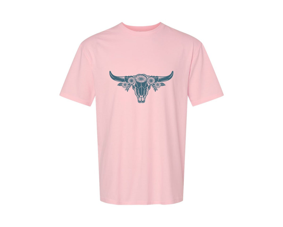 brand:Generic|color:Pink|Western Bull Skull Longhorn Boho Flowers 4 Graphic T-Shirt