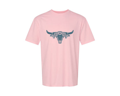 brand:Generic|color:Pink|Western Bull Skull Longhorn Boho Flowers 4 Graphic T-Shirt