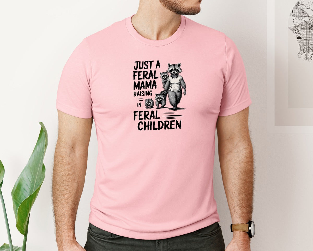 brand:Bella Canvas|color:Pink|Funny Mothers Day Raccoon Mama Tired Graphic T-Shirt
