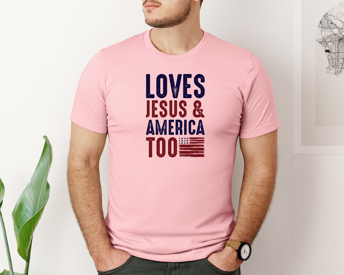 brand:Bella Canvas|color:Pink|Loves Jesus And America Too Jesus Graphic T-Shirt